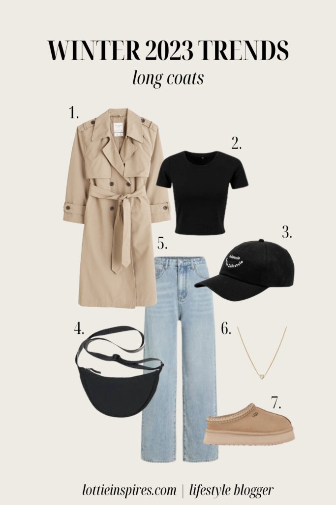 Winter outfit including Uggs, blue jeans, a black t-shirt, black back and beige trench coat. 