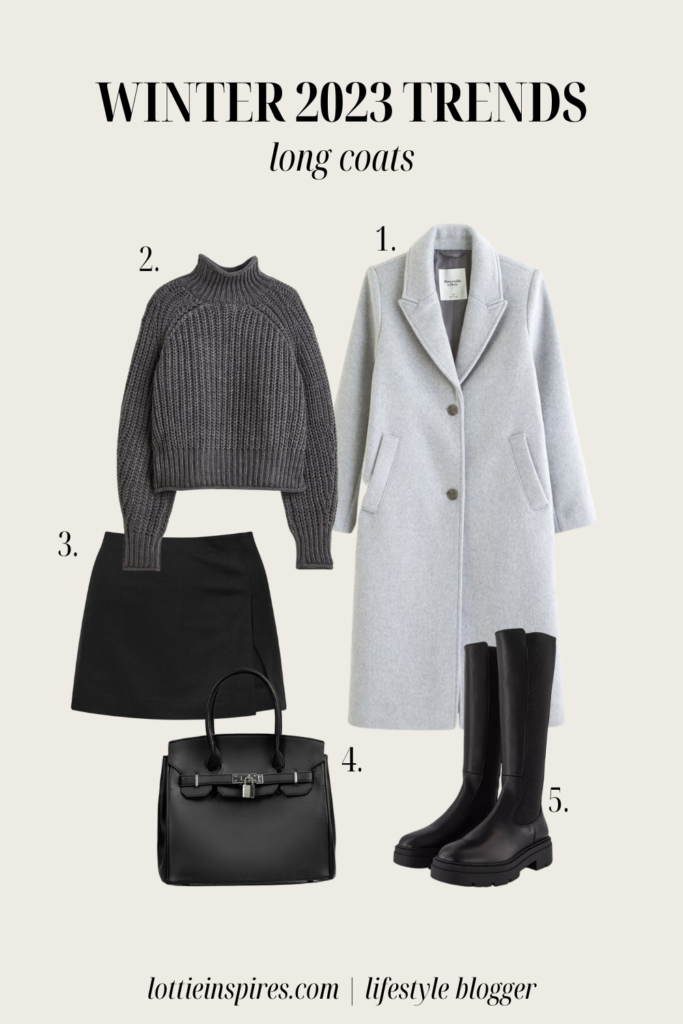 An outfit of a black mini skirt, long black leather boots, grey knitted jumper and a long, grey wool trench coat.
