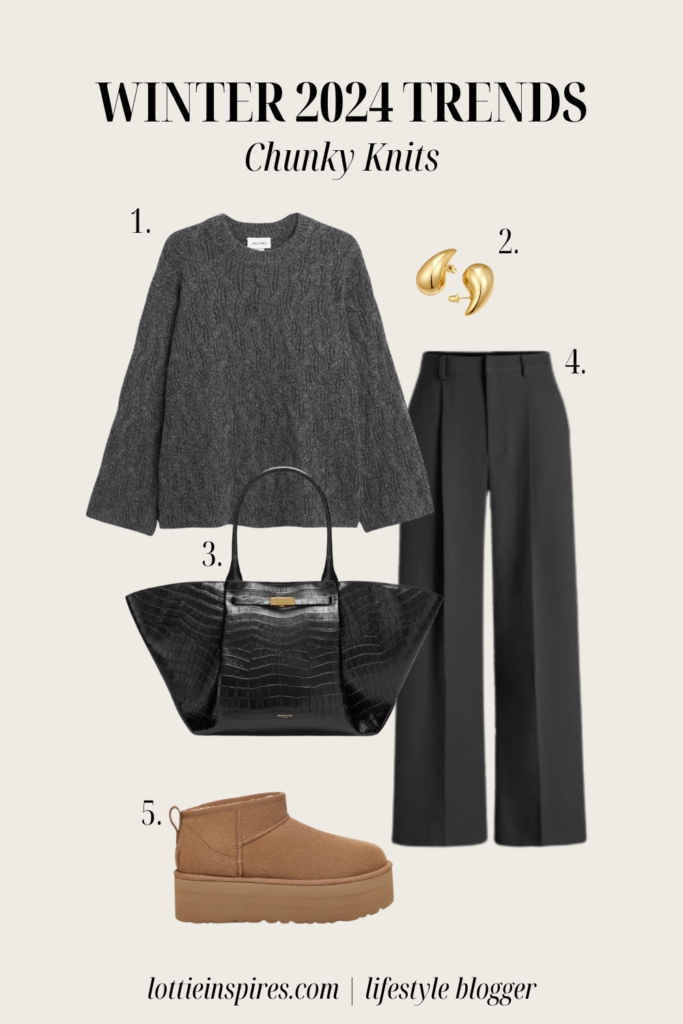 Winter outfit including dark grey knit jumper, dark grey tailored trousers, Ugg boots, black leather bag and gold earrings.