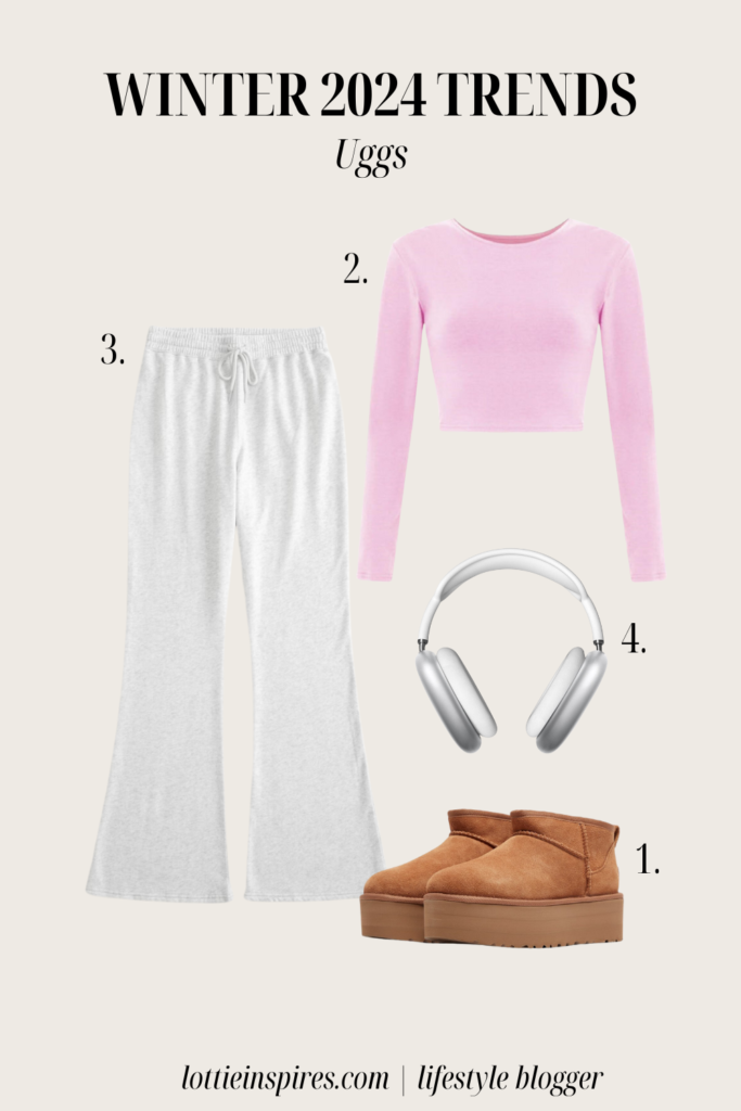 Outfit with pink long sleeve crop top, grey flare joggers, silver apple headphones. and brown Ugg boots.