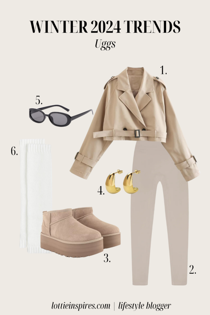 Outfit including cropped beige trench coat, light brown Ugg boots, black sunglasses, white leg warmers, leggings and gold earrings.