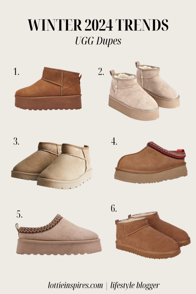Different types of boots in different shades of beige and brown, numbered as duped for Ugg boots and where to buy. 