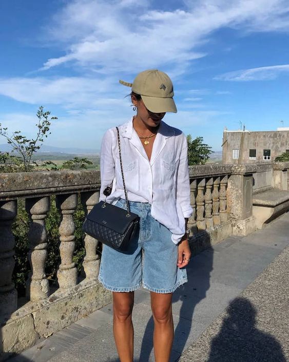 denim shorts and oversized shirt summer outfit