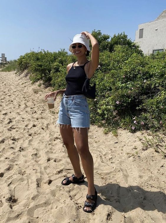denim shorts summer vacation outfit 