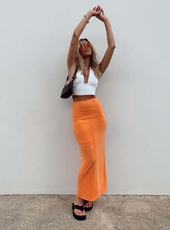 orange maxi skirt summer outfit with whit crop top