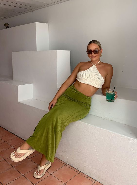 green maxi skirt white crop top summer outfit
