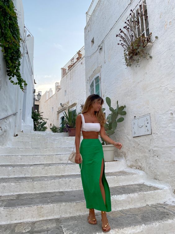 green maxi skirt with split and white crop top summer holiday outfit aesthetic