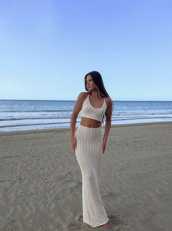 white crochet maxi skirt and crop top co ord